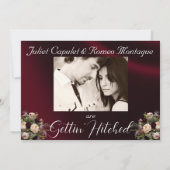 Flowers & Horseshoes, Burgundy Ribbon Wedding Save The Date (Rückseite)