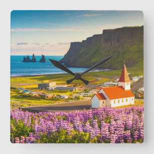 Flowers   Lupines in Bloom Southern Iceland Quadratische Wanduhr