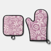 Flowers Swirls Dusty Pink White Pattern Whimsical Ofenhandschuh & Topflappen-Set (Vorderseite)