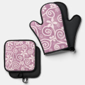 Flowers Swirls Dusty Pink White Pattern Whimsical Ofenhandschuh & Topflappen-Set (Vorderseite/Rückseite)