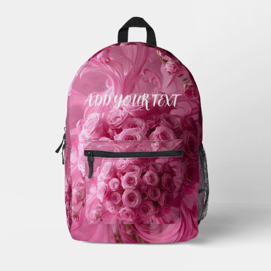 Flowers Swirls Pink Backpack – Personalised text Bedruckter Rucksack (Vorderseite)