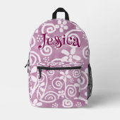 Flowers Swirls Pink White Pattern Personalized Bedruckter Rucksack (Vorderseite)