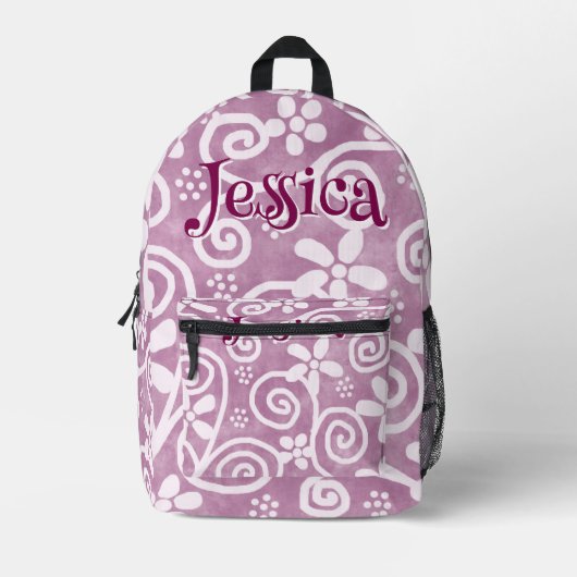 Flowers Swirls Pink White Pattern Personalized Bedruckter Rucksack (Vorderseite)