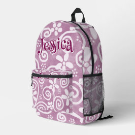 Flowers Swirls Pink White Pattern Personalized Bedruckter Rucksack
