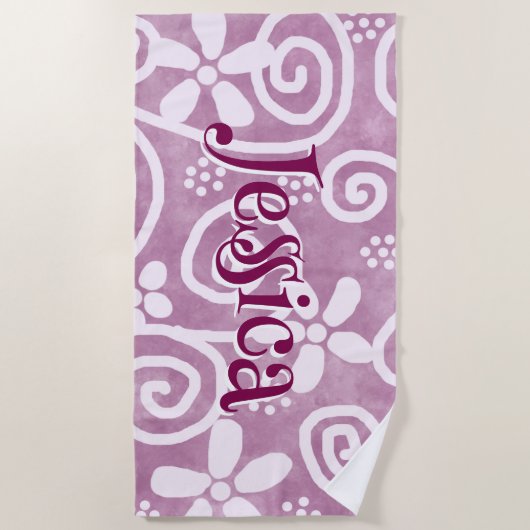 Flowers Swirls Pink White Pattern Personalized Strandtuch (Vorderseite)