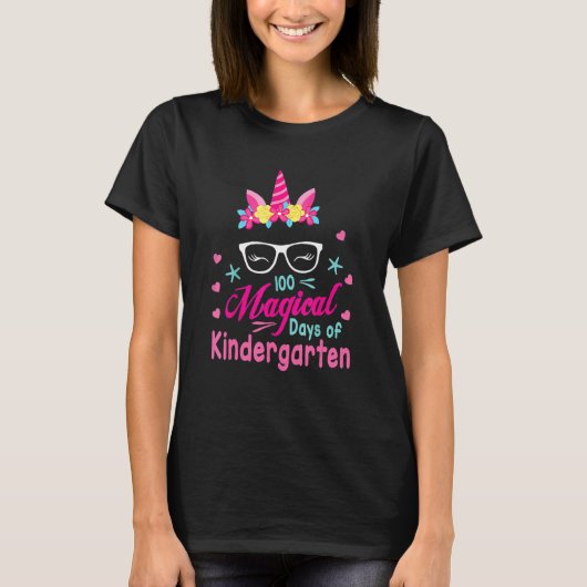 Flowers Unicorn Face Happy 100 Magical Days Of Kin T-Shirt (Vorderseite)