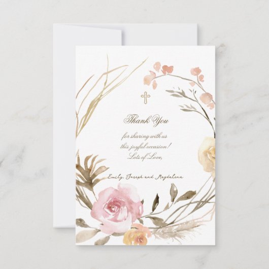 flowers wreath Baptism small thank you cards Einladung (Rückseite)