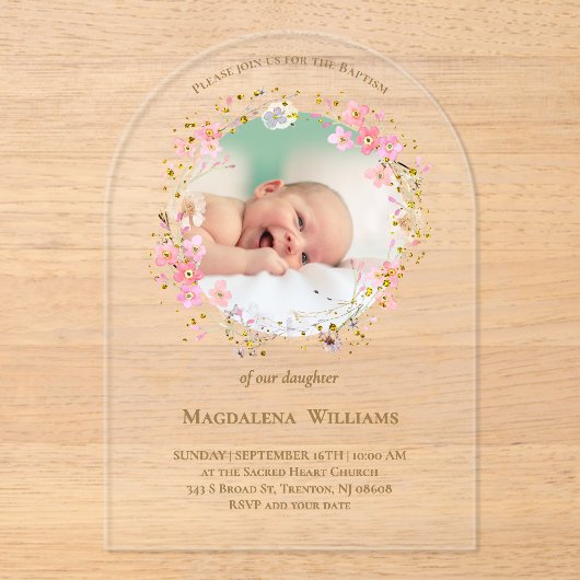 flowers wreath photo frame | Baptism Invitation Acryleinladungen (Vorderseite)