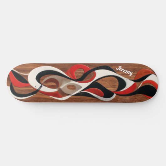 Flowing abstract black, red, white on walnut skateboard (Horizontal)