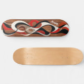 Flowing abstract black, red, white on walnut skateboard (Horizontal)