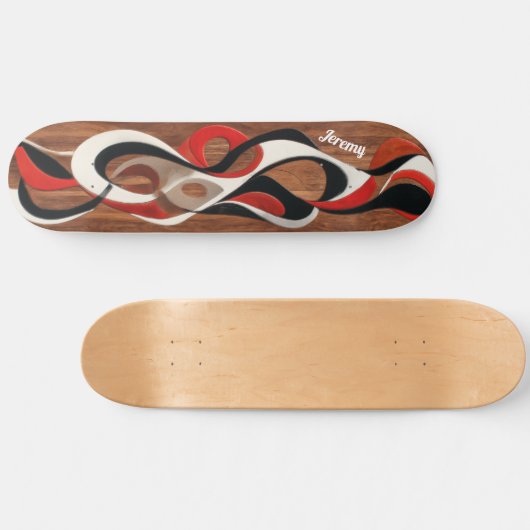 Flowing abstract black, red, white on walnut skateboard (Horizontal)