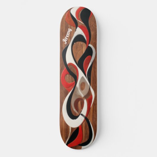 Flowing abstract black, red, white on walnut skateboard (Vorderseite)