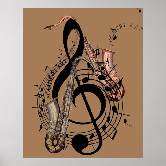 Flown musikalischer Symbole mit Saxophonen auf ein Poster (Vorne)