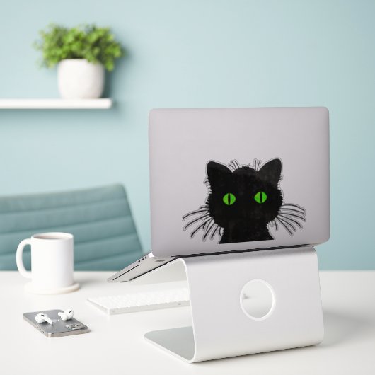 Flüchtige Blick-A-Boo-Schwarze Katze mit grünen Au Aufkleber (Laptop auf Schreibtisch)