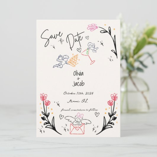 Flüchtige Hand Drawn Cupid Scribble Bow Wedding Einladung (Stehend Vorderseite)