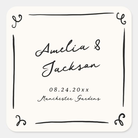 Flüchtige handgezeichnete Hochzeit Quadratischer Aufkleber (Vorderseite)