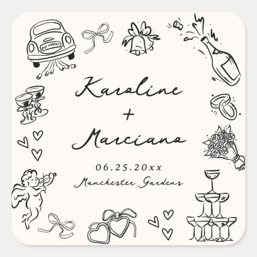 Flüchtige, handgezogene Hochzeitsdoodles Quadratischer Aufkleber (Vorderseite)