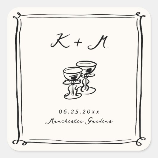 Flüchtige, handgezogene Hochzeitsdoodles Quadratischer Aufkleber (Vorderseite)