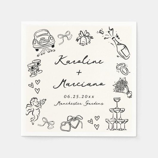 Flüchtige, handgezogene Hochzeitsdoodles Serviette (Vorderseite)