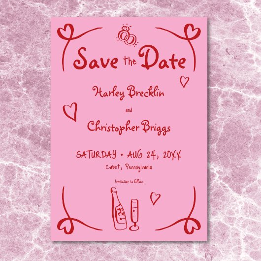Flüchtige Retro Hand gezeichnet rosa rote Hochzeit Save The Date