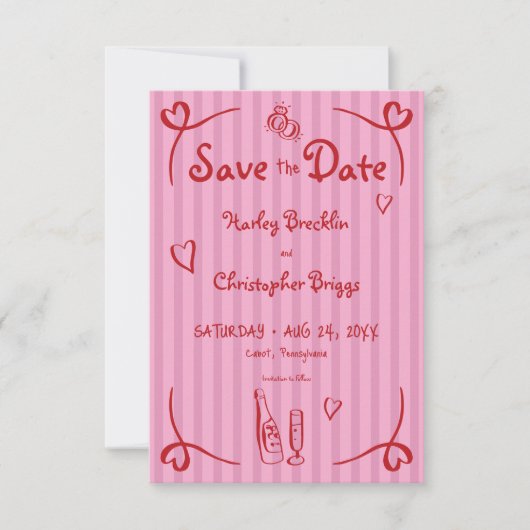 Flüchtige Retro Hand gezogen rosa Rosa Streifen Ho Save The Date (Vorderseite)