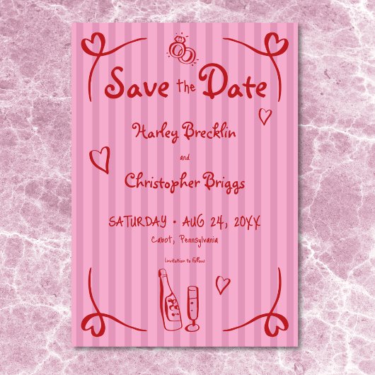 Flüchtige Retro Hand gezogen rosa Rosa Streifen Ho Save The Date