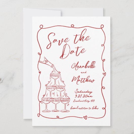 Flüchtige, rot gezeichnete Hochzeit retten das Dat Save The Date (Vorderseite)