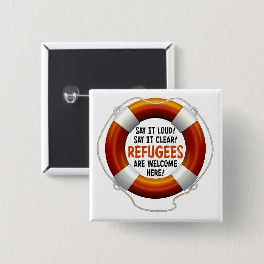 Flüchtlinge begrüßen quadratischen Knopf Button (Vorne & Hinten)