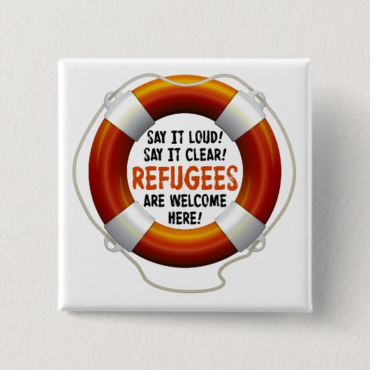 Flüchtlinge begrüßen quadratischen Knopf Button (Vorderseite)