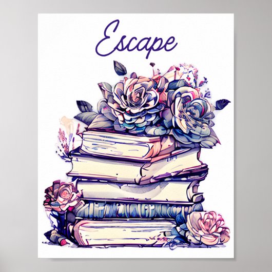 Fluchtstapel alter Vintager Bücher mit Rose Poster (Vorne)