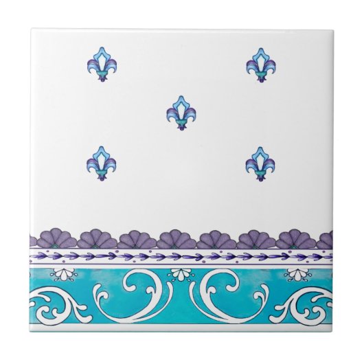 Fluer De Lis Blue Swirl Design Fliese (Vorderseite)