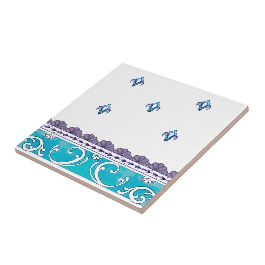 Fluer De Lis Blue Swirl Design Fliese (Seite)