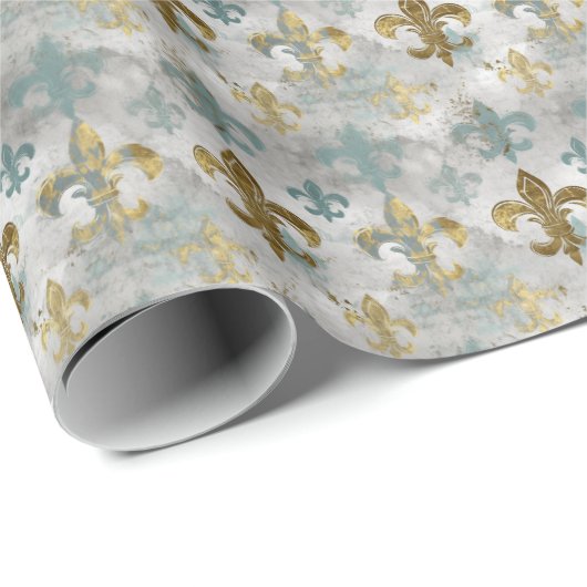 Fluer de Lis | Soft Blue & Gold Geschenkpapier (Rolleneckpunkt)