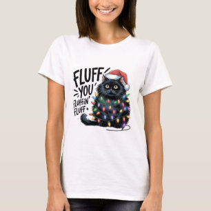 "Fluff You" Funny Black Cat Christmas Lights T-Shirt