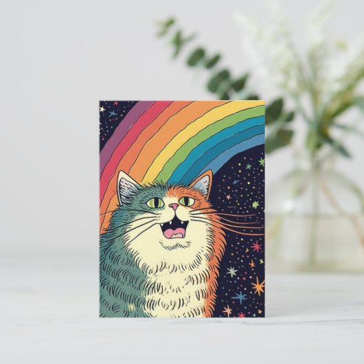 Fluffe Katze im Weltraum mit Regenbogen Postkarte (Stehend Vorderseite)