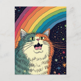Fluffe Katze im Weltraum mit Regenbogen Postkarte