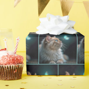 Fluffe Katze mit Neon Butterfly Geschenkpapier
