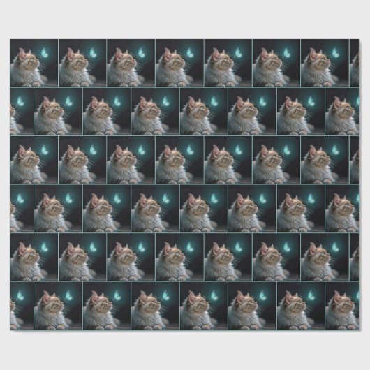 Fluffe Katze mit Neon Butterfly Geschenkpapier (Flach)