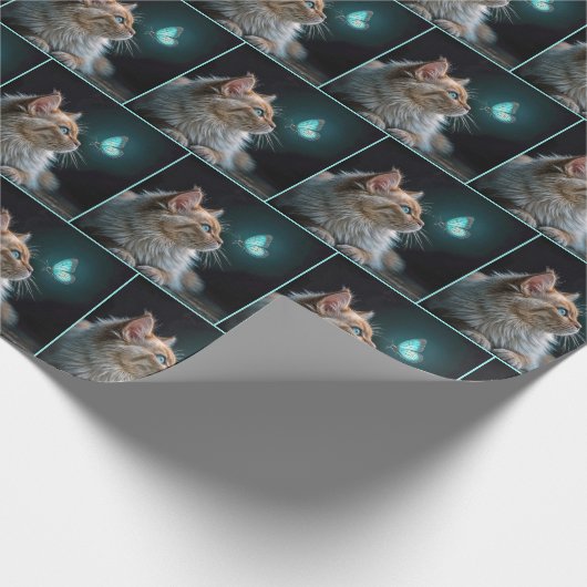 Fluffe Katze mit Neon Butterfly Geschenkpapier (Ecke)