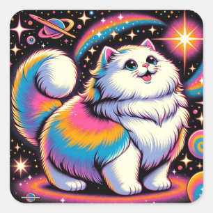 Fluffe weiße Katze im Weltraum Quadratischer Aufkleber