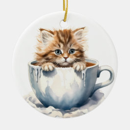 FLÜFFEN TABBY KITTEN IN EINEM TEACUP KERAMIK ORNAMENT