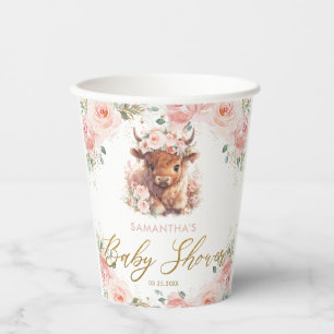 Fluffige Highland-Kuh Rosa Blumen-Baby-Party Pappbecher