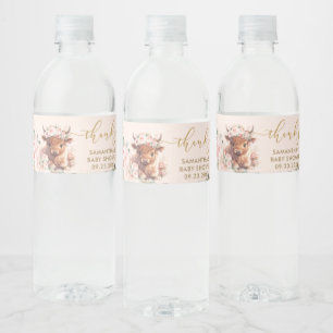 Fluffige Highland-Kuh Rosa Florale Babyparty Wasserflaschenetikett