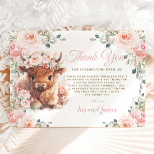 Fluffige Highland-Kuh Rosa Hauch Blumen Baby Showe Dankeskarte