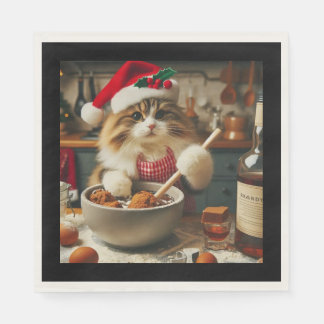 Fluffige Katze backt boozy Weihnachtspudding Serviette