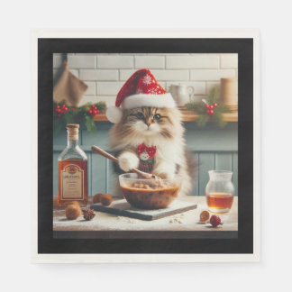 Fluffige Katze backt boozy Weihnachtspudding Serviette
