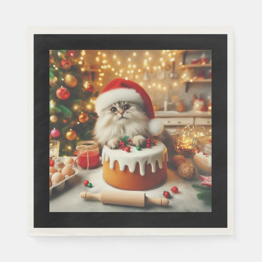 Fluffige Katze backt den Weihnachtskuchen Serviette (Vorderseite)