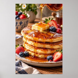 Fluffige Pfannkuchen mit frischen Beeren und golde Poster