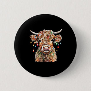 Fluffige schottische Kuh mit Weihnachtsbeleuchtung Button