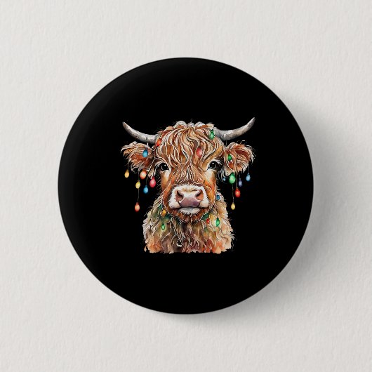 Fluffige schottische Kuh mit Weihnachtsbeleuchtung Button (Vorderseite)